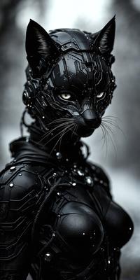 The primary subject of the image is a cat with a futuristic, mechanical appearance. The cat is wearing a black and silver outfit, giving it a unique and intriguing look. The setting is a dark room, which adds to the overall mood of the image. The visual style is a combination of photography and digital art, creating a striking and surreal scene. The colors and mood of the image are predominantly dark and mysterious, with the cat's mechanical outfit serving as a focal point